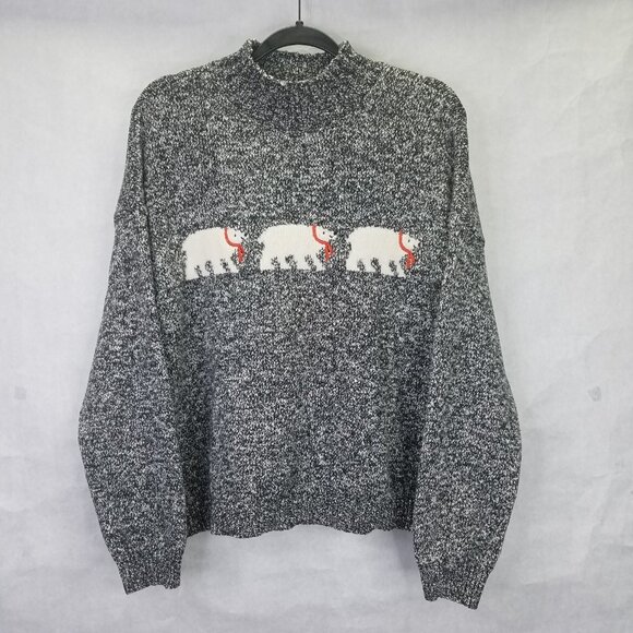Loft Polar Bears Mock Neck Sweater Women's XL Marled Black White Stretch Knit - Picture 2 of 14